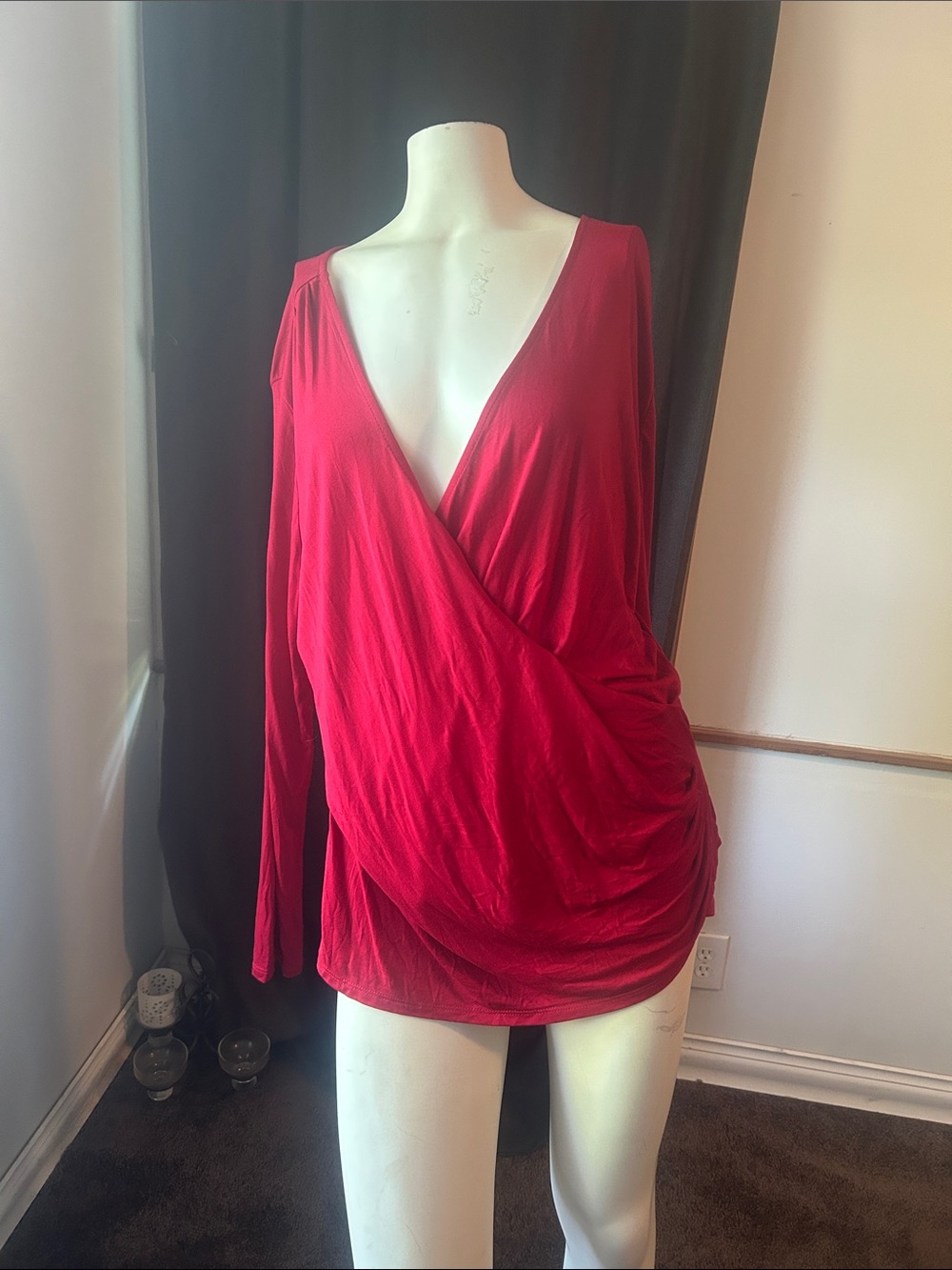 Curvy Sense Red Draped V-Neck Long Sleeve Top
